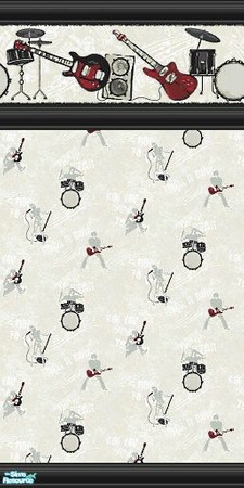 Sims 2 — Rock Out Wallpaper 3 by tamlfra — Drums, guitars, and rockers.. In a great red, white and black color scheme!
