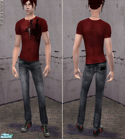 Sims 2 — Verticals - Sneakers and Jeans for Males - Red Tee by aikea_guinea — Graphic t-shirt with distressed jeans and