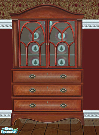 Sims 2 — Christmas Dining Room Hutch by lisa9999 — Red wood hutch with Christmas plates.