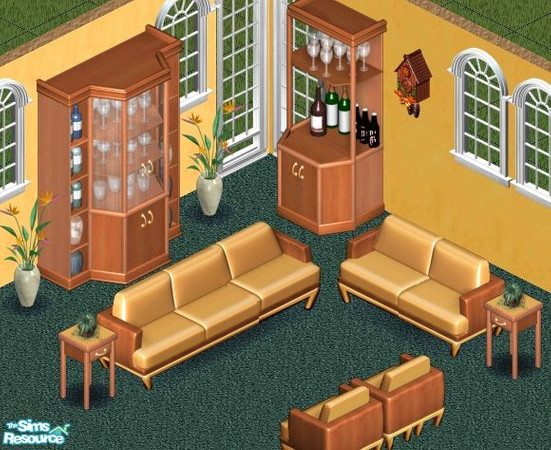 Sims 1 — Cherry Livingroom by Secret Sims — Includes: Cabinet, Bar, Chair, Loveseat, Sofa, Endtable