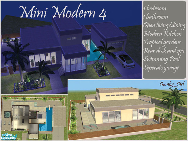 Sims 2 — Mini Modern 4 by Gumby_Girl — 1 bed, 1 bath contemporary style home. Stucco walls, large windows, open plan