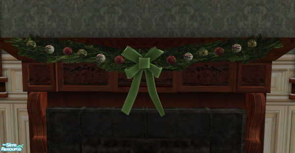 Sims 2 — Christmas Kitchen Fireplace Garland by lisa9999 — Evergreen garland with glittery ornaments and a green bow.
