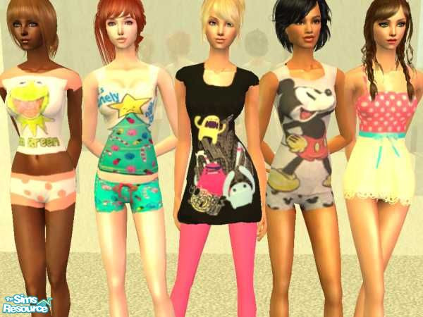 Sims 2 — Sleepover set by danzina — a set of 5 pyjamas for your sims, there are two different meshes you need to download