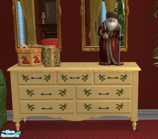 Sims 2 — 12 days of Christmas Bedroom Dresser by lisa9999 — Golden dresser with holly accents.