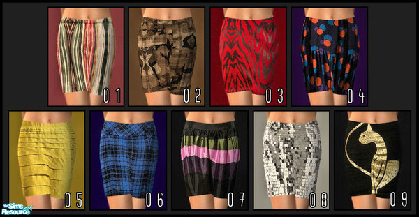 Sims 2 — SKIRT SET 01 by KalmanKukka — Skirts for adult females. Nine various themes. No mesh needed.