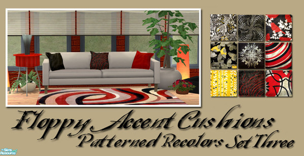 Sims 2 — Floppy Accent Cushions Recolor set 3 by Simaddict99 — Third set of patterned pillow recolors in bold black &