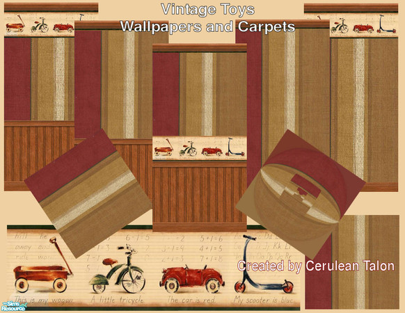 Sims 2 — Vintage Toys Wallpapers & Carpets by Cerulean Talon — Vintage wallpaper and carpets with rich colors and