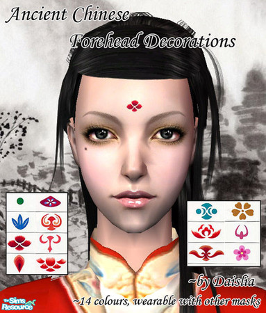 Sims 2 — Ancient Chinese Forehead Decoration by Daislia — These are little tattoos on the forehead. 14 colours total and