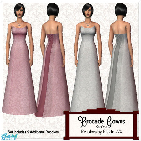 Sims 2 — Brocade Gowns, Set 1 by elektra274 — A collection of 11 dresses featuring a brocade pattern.