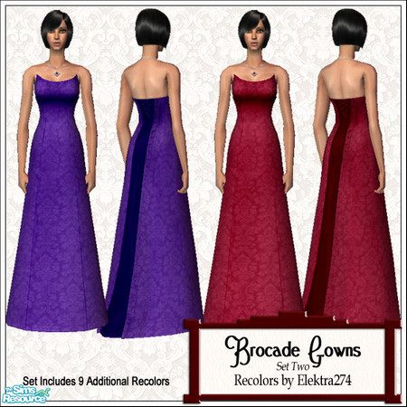 Sims 2 — Brocade Gowns, Set 2 by elektra274 — A collection of 11 dresses featuring a brocade pattern.