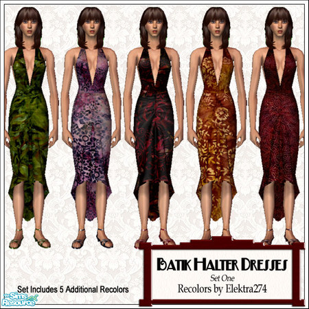 Sims 2 — Batik Halter Dresses, Set 1 by elektra274 — A collection of 10 halter dresses featuring batik prints.