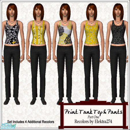 Sims 2 — Print Tank Tops & Pants, Set 1 by elektra274 — A collection of 9 outfits featuring print tank tops and black