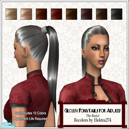 Sims 2 — Glossy Ponytails for Adults - Basic Colors by elektra274 — A collection of 10 recolors for the new adult