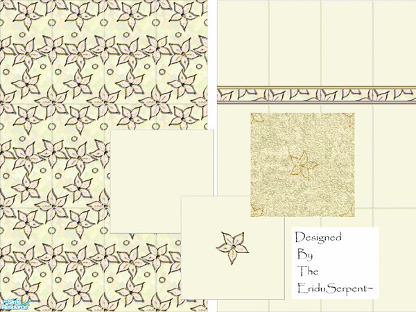 Sims 2 — Flower Mad Tiled Wall & Floor Set by eriduserpent — Two tiled walls, two floor tiles and a carpet. Designed