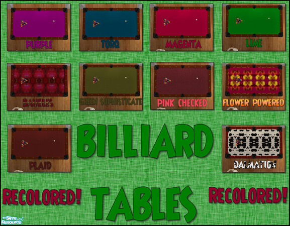 Sims 2 — Billiards Table Recolored - Set by turchok — Recolors of the Maxis Pool Table.