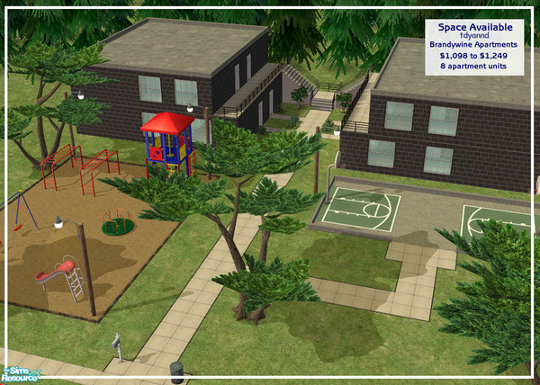 Sims 2 — Brandywine Apartments by tdyannd — Eight individual apartments with two bedrooms and one bathroom each. Huge