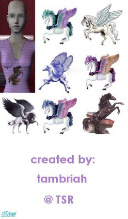 Sims 2 — everyday pegasus set 2 by tambriah — 6 adult, 6 young adult, 6 elder female outfits with pegasuses on them &