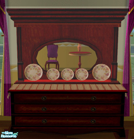 Sims 2 — Fall Dining Room Mirror by lisa9999 — Dark wood mirror with fall patterned plates on shelf.