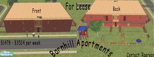 Sims 2 — Barnhill Apartments by raerean — 6 two-bedroom, 1 bathroom apartments. Priced between 1458 and 3524 simoleons.