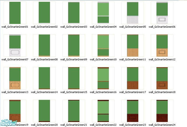 Sims 2 — Smartie Green Wall Sets by gil_shalos — A set of 24 walls in Smartie Green with a variety of moldings.