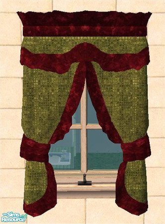 Sims 2 — tams tc 123 set 1 - Curtains For Tc 123 by tambriah — green patterned curtains with red patterned lace trim