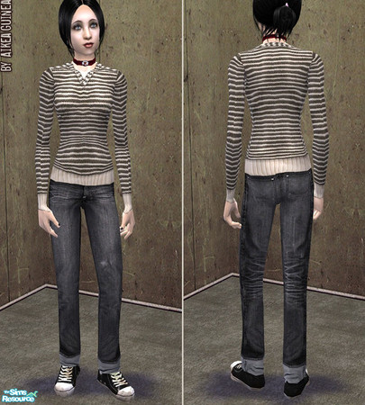 Sims 2 — Endless - Sneakers with Jeans for Teen Females - Sweater by aikea_guinea — Striped sweater with distressed jeans