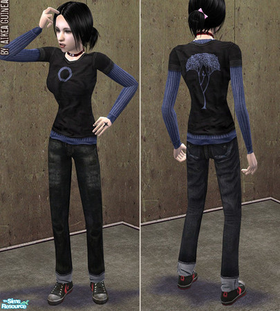 Sims 2 — Endless - Sneakers with Jeans for Teen Females - Tree by aikea_guinea — Layered graphic t-shirt with distressed