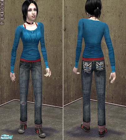 Sims 2 — Endless - Sneakers with Jeans for Teen Females - Blue Top by aikea_guinea — Blue top with distressed jeans for