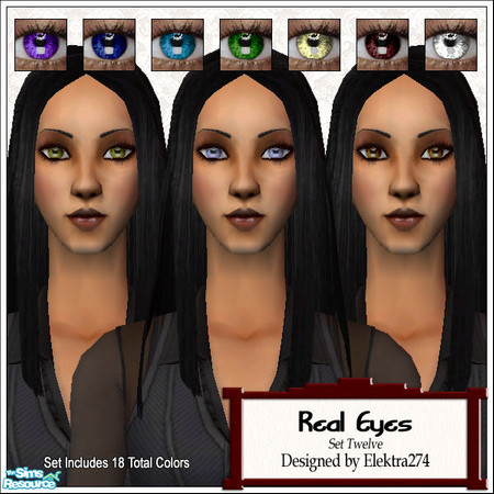 Sims 2 — Real Eyes - Set 12 by elektra274 — A collection of 18 eye recolors in a variety of shades and colors.