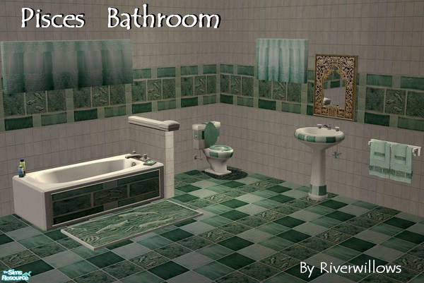 Sims 2 — Pisces Bathroom by Riverwillows — Lovely bathroom in shades of jade, with jade tiles. Base game, towel requires