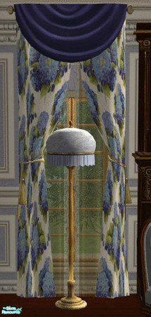 Sims 2 — Carried Away Bedroom Drapes by lisa9999 — Blue floral with solid satin valance.
