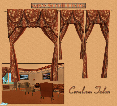 Sims 2 — Navy Scroll Living - Curtains by Cerulean Talon — Richly elegant curtains, in three sizes, with plush textures