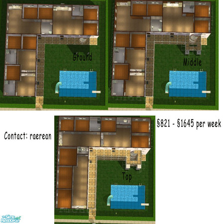 Sims 2 — Busy Complex by raerean — Partial furnished (kitchens/bathrooms) external staircase. two single bedroom, seven