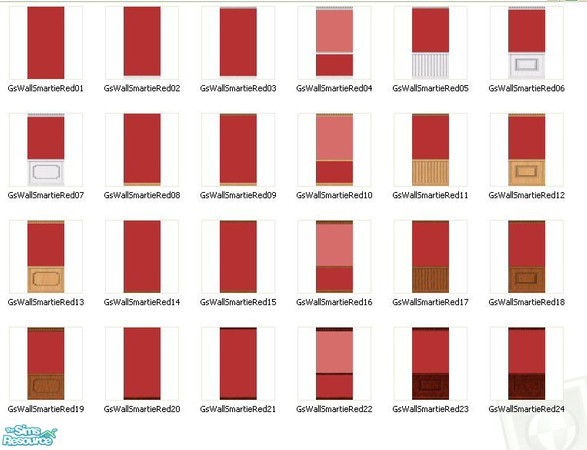 Sims 2 — Smartie Red Wall Set by gil_shalos — A set of 24 walls in Smartie Red with a variety of moldings.