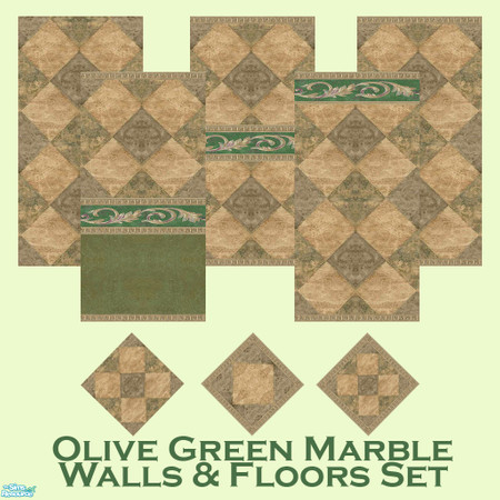 Sims 2 — Olive Green Marble Walls & Floors Set by Sheera — This set includes 8 items : 5 walls and their 3 matching