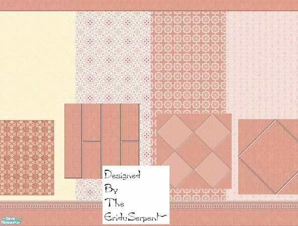 Sims 2 — Fawns Wall & Floor Set by eriduserpent — 4 papered walls and 4 floors...lite pink wood with deco strip.