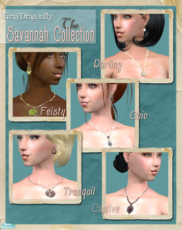 Sims 2 — The Savannah Collection by GrayDragonfly — This set includes 5 jewelry sets. Each individual piece includes