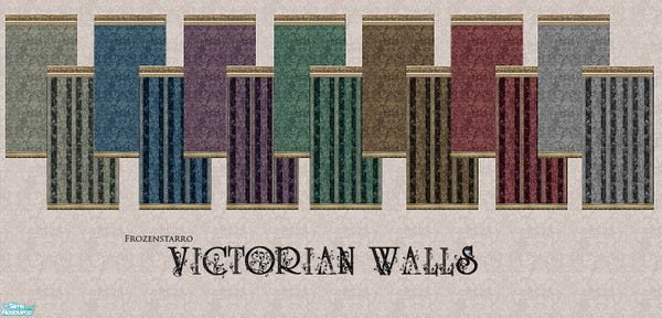 Sims 2 — Victorian Walls by FrozenStarRo — 7 colors, in 2 versions each. Plain victorian pattern and striped. The golden