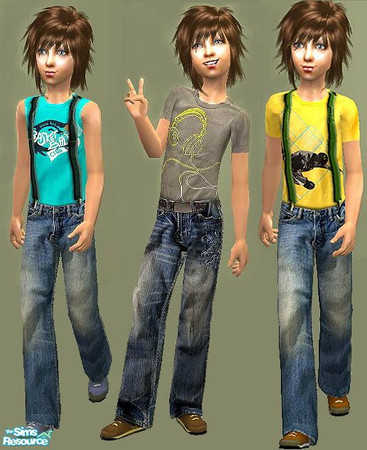 Sims 2 — OpenHouse CM Suspenders by openhousejack — three outfits for boy child, two with suspenders one with belt and a