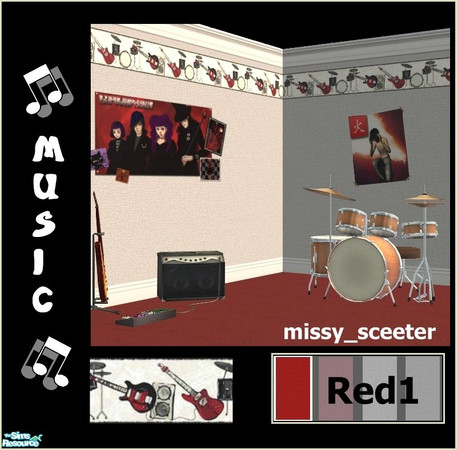 Sims 2 — Music Border - Red 1 by missy_sceeter — Music themed border on textured walls. Great for any Sim that is into