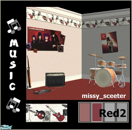 Sims 2 — Music Border - Red 2 by missy_sceeter — Music themed border on textured walls. Great for any Sim that is into