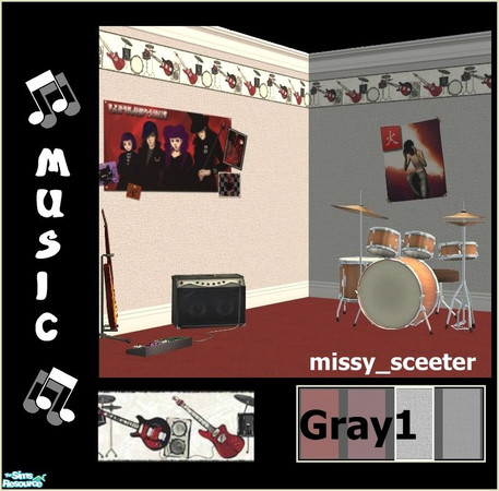 Sims 2 — Music Border - Gray 1 by missy_sceeter — Music themed border on textured walls. Great for any Sim that is into