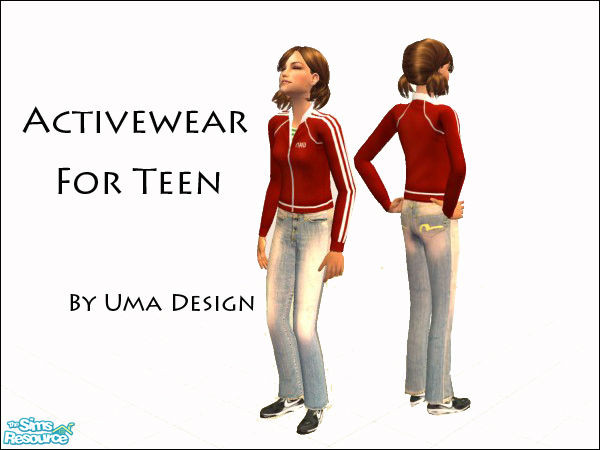 Sims 2 — Red University Outfit for Teen Girls by Uma Design — Evisu jeans, University jacket and Nike trainers for