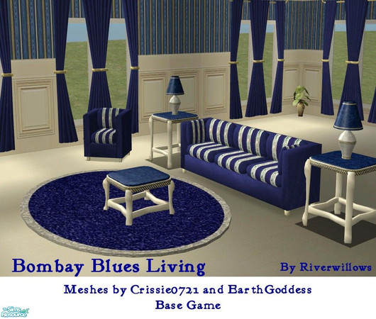 Sims 2 — Bombay Blues Living by Riverwillows — Lovely living set in blues, silver, and gold. Meshes by EarthGoddess of