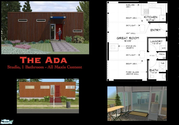 Sims 2 — The Ada by m.jacquart — Minimalist modern studio/cabin for vacation or residential lots. Wide open floorplan,