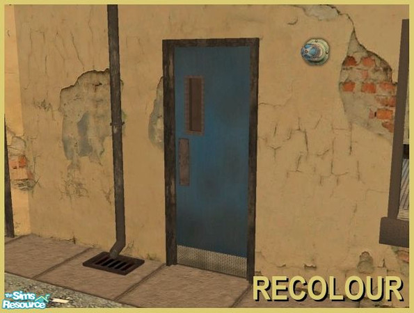 Sims 2 — Industrial Doors - Blue Recolour with Kickplate by Cyclonesue — A grimy blue door with metal kickplate. Don\'t