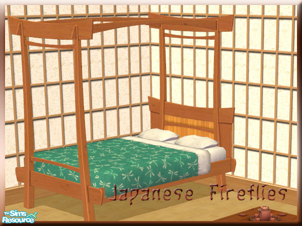 Sims 2 — Japanese Fireflies set - Japanese Fireflies Bedding Teal by billygirl — Japanese bedding in teal.