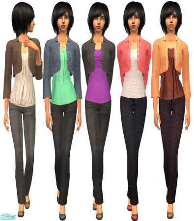 Sims 2 — Knitted Jackets by irene_busy — This set has 5 everyday outfits that include knitted jackets and jeans.