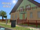 Sims 2 — Honey Alley by Bunny545 — House in light orange and light green colours. Near there is a playground and playing