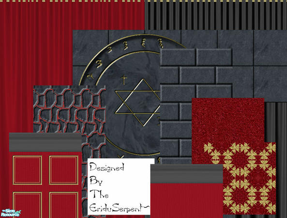 Sims 2 — Gothic Red Wall & Stone Floor Set (For Queenie) by eriduserpent — A large set of dark walls and flooring for